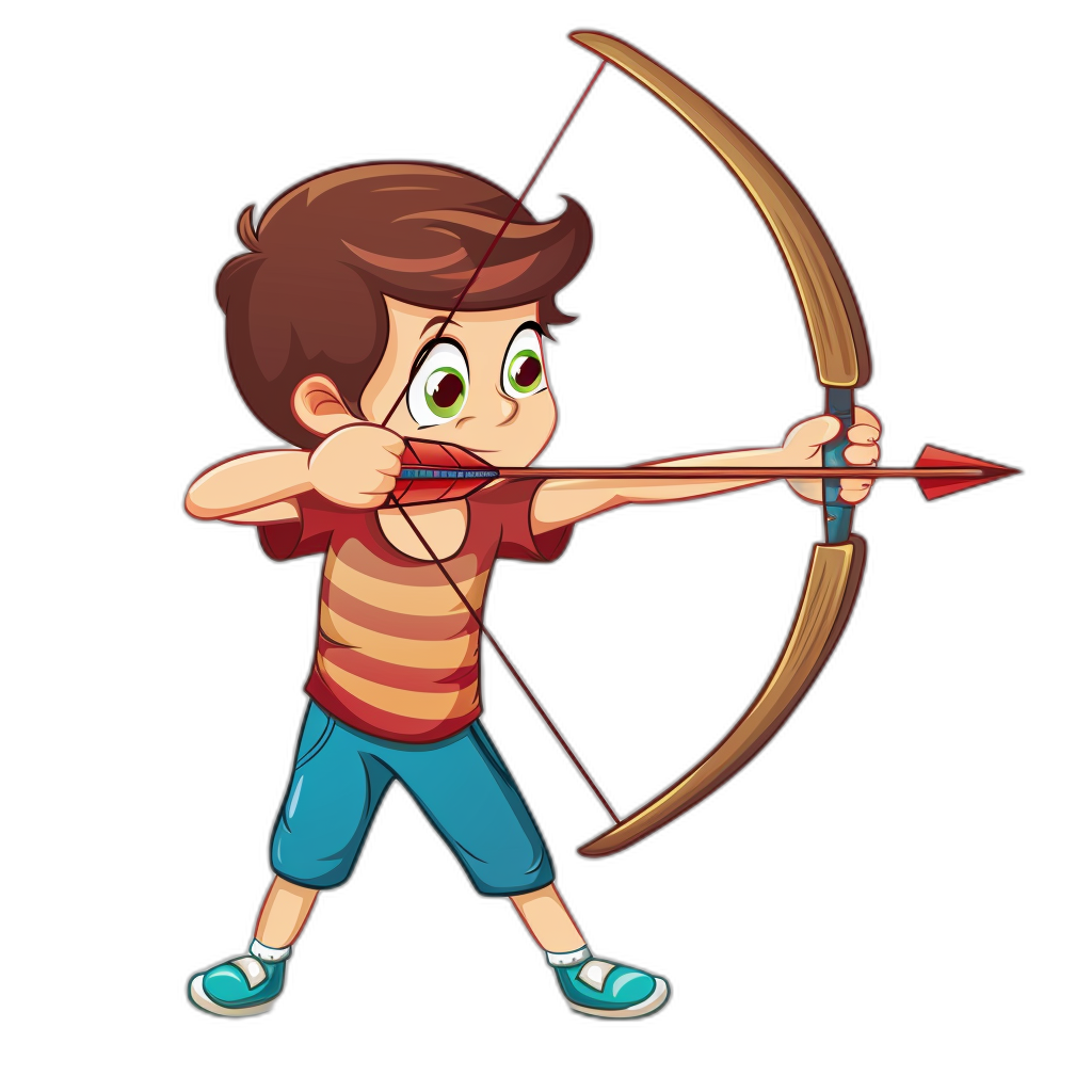 A cartoon illustration of an archer boy aiming with his bow and arrow. Simple design in the vector art style, isolated on a black background. He is wearing blue shorts and a red striped shirt with cute, adorable features making eye contact.