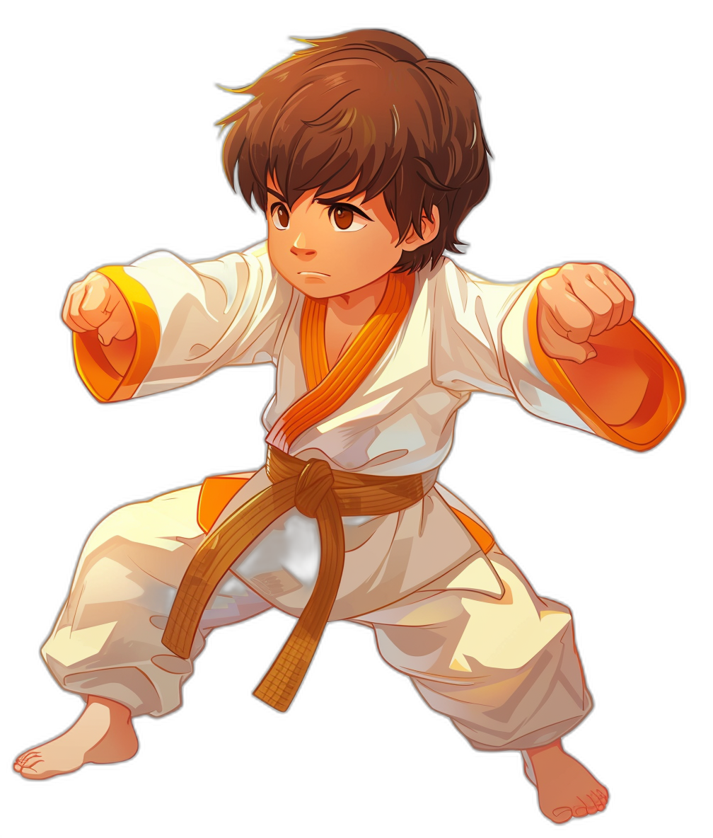 A young boy with brown hair in karate outfit, doing martial arts moves, 2D game art style, anime cartoon style character design, character illustration, high resolution, black background, white and orange belt, cute face, high detail, high quality, full body shot, front view, wide angle lens, high definition