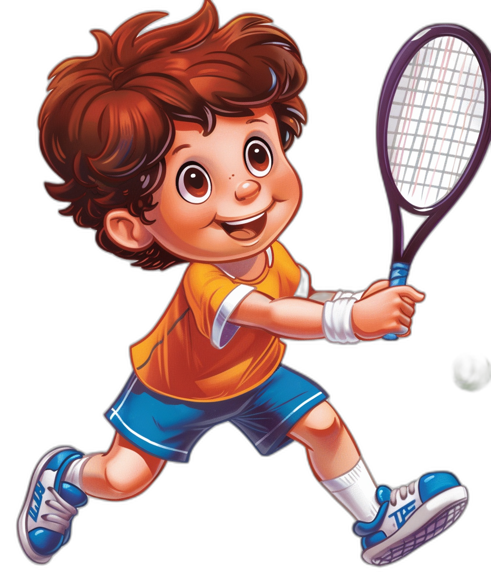 Cute little boy playing tennis, with brown hair and blue eyes wearing white socks and an orange T-shirt, in the style of a cartoon on a black background, vector illustration, 2D game art, resembling a cute Disney character, as a full body portrait with vibrant colors, simple lines, high resolution, high quality, high detail and high definition with sharp focus, high contrast, in a hyper realistic and hyper detailed hyper photorealistic and hyper realistic hyper detailed style.