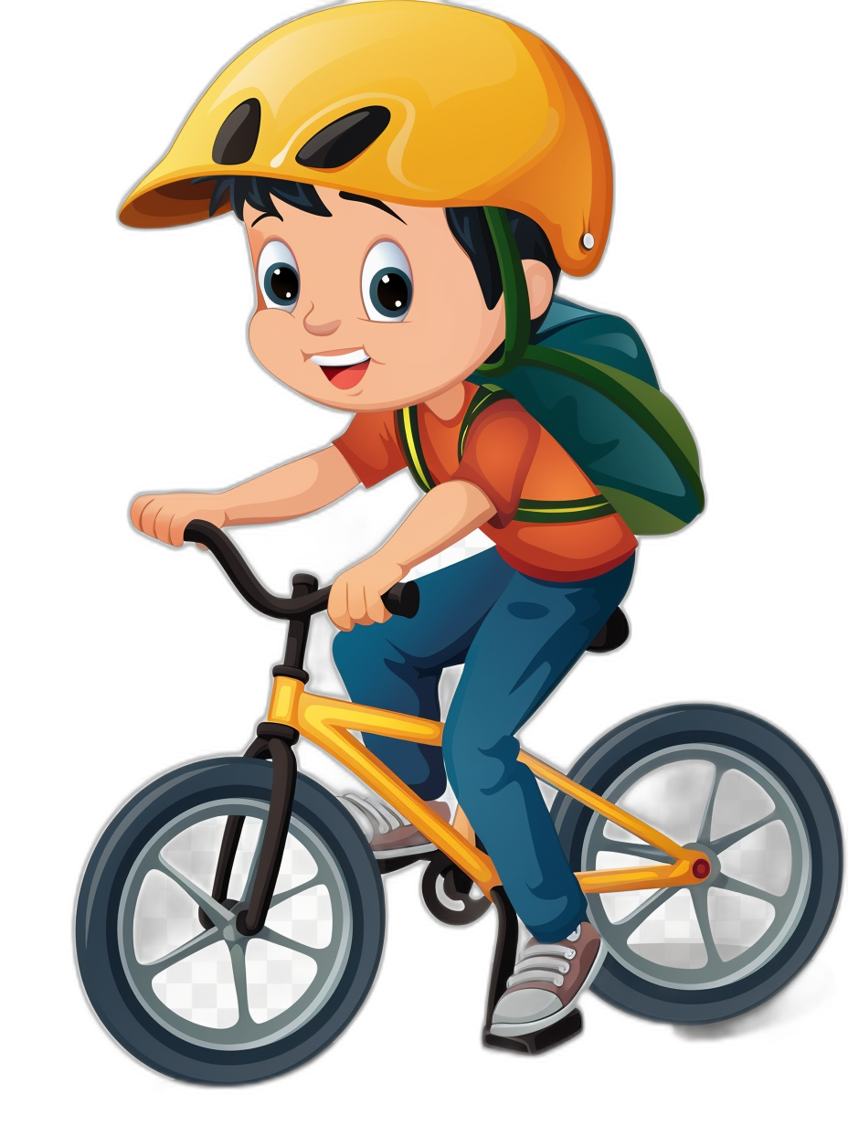 boy riding bike cartoon vector illustration, clip art sticker style with black background and border, high resolution, no shadow, colorful, cute character, simple design, clean lines, full body of boy wearing yellow helmet on his head is white, blue jeans pants and an orange t shirt, green backpack in the back, he has big eyes and a happy face with a smiling mouth.