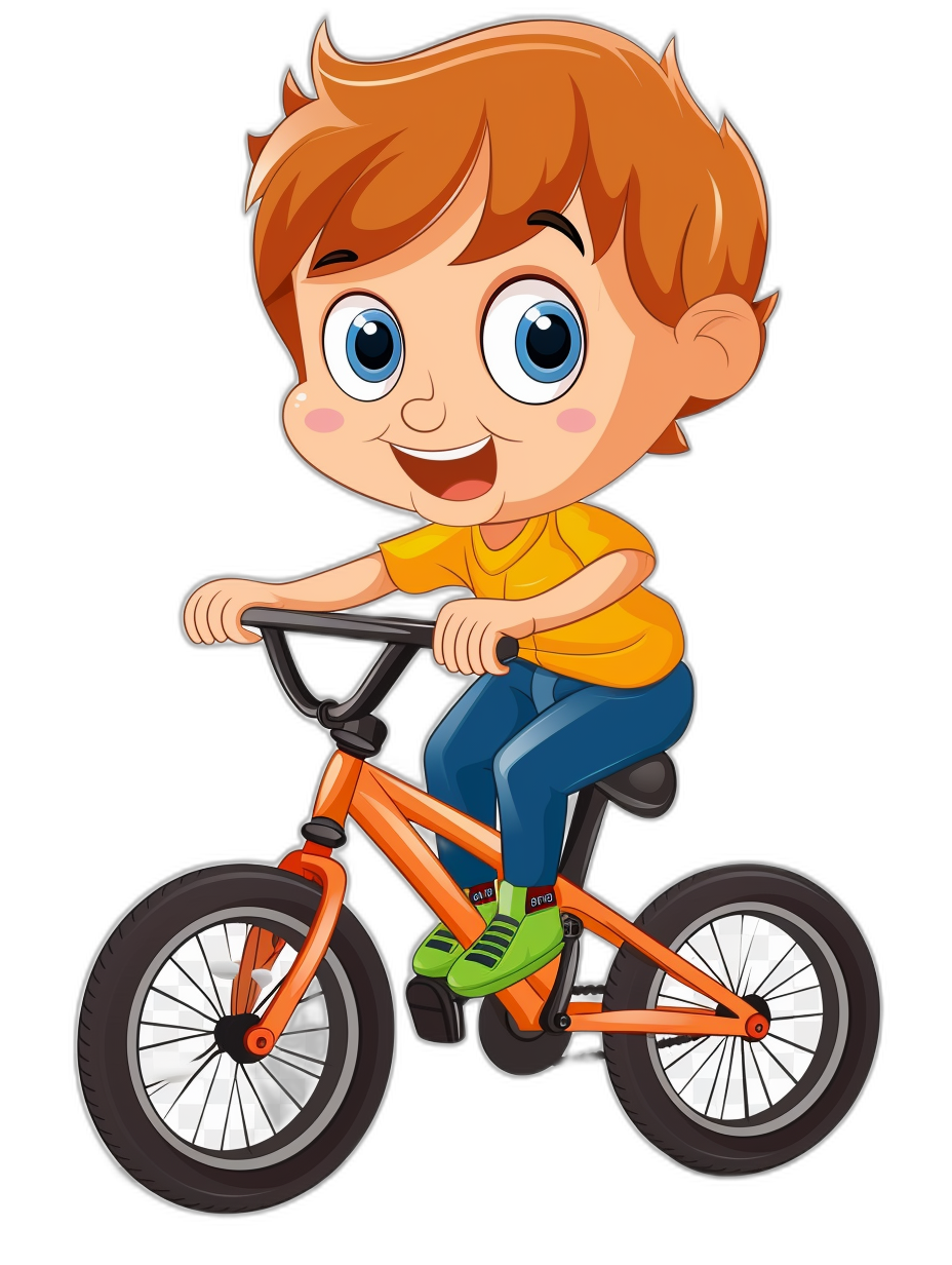 A cute cartoon boy riding his bike in the style of clip art, isolated on a black background, high resolution vector.