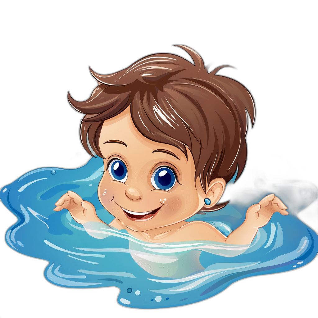 cartoon style baby boy with brown hair and blue eyes swimming in water, happy face, vector design, sticker on black background, pixar artstyle