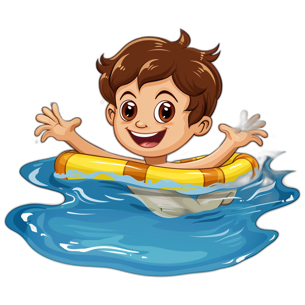 a cartoon happy boy with brown hair and big eyes, swimming in the water wearing an inflatable yellow ring , black background, tshirt design, no mockup, white border around sticker shape