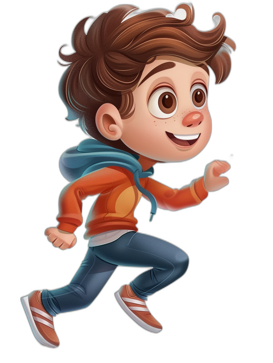 Illustration of a happy boy character. He is running and smiling with a brown hairstyle with white tips, wearing an orange t-shirt, blue jacket, and blue jeans with brown shoes on a black background in the style of Disney Pixar.