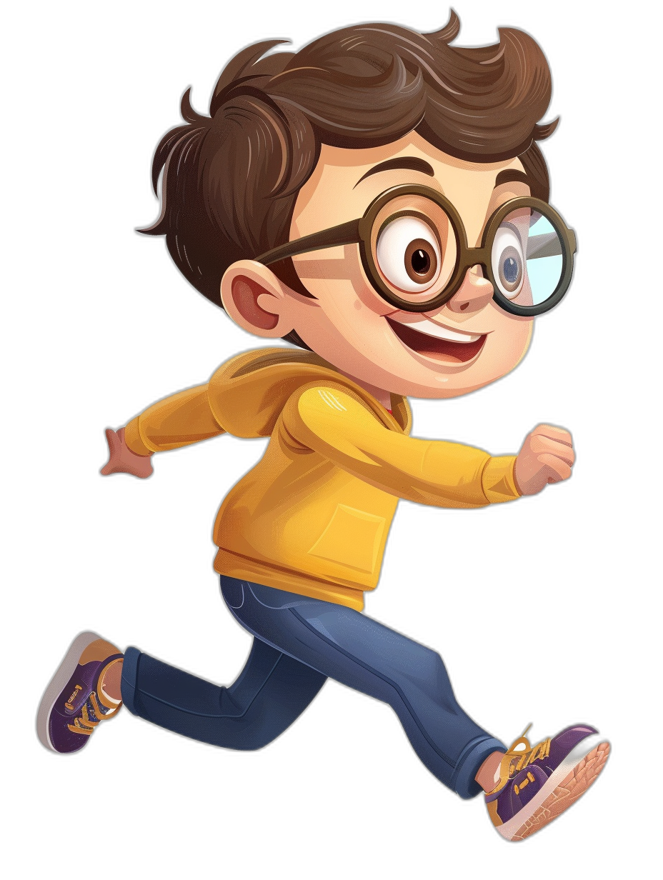 A cute boy with glasses is running happily in the style of Pixar on a black background. The cartoon character design is a full body portrait in high definition with cute and lively facial features. He is wearing a yellow hoodie, blue jeans, and purple shoes. He has big eyes, brown hair, and is smiling with a cartoon head shape. The simple lines and bright colors give it a cartoon animation effect.