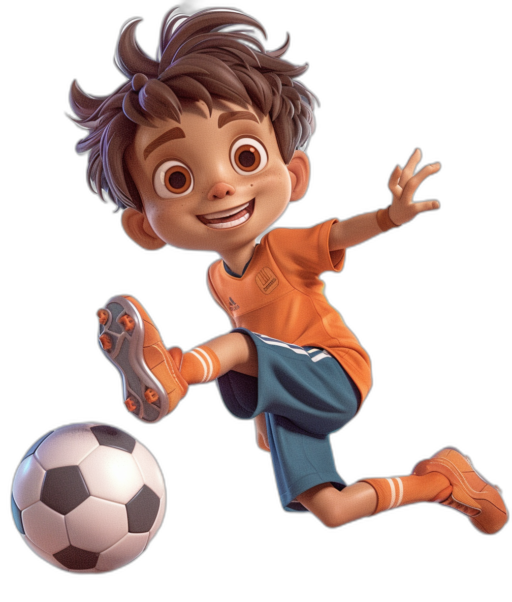 A cute cartoon boy playing soccer in the style of Disney, with a Pixar animation style character design and concept art on a black background. He is wearing an orange t-shirt and blue shorts with brown shoes, with big eyes, a happy face, and is posed jumping while playing with a ball in a low angle shot with high resolution and hyper realistic style.