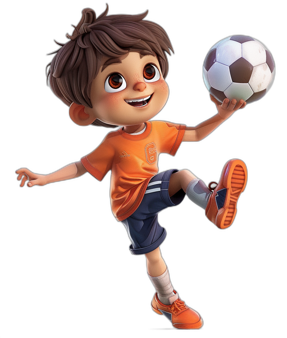 An adorable cartoon character of a boy playing soccer, wearing an orange t-shirt and navy blue shorts with white stripes on the side, he has brown hair and big eyes, isolated on a black background, 3D detailed illustration in the style of Disney with Pixar quality, for a children’s storybook illustration.