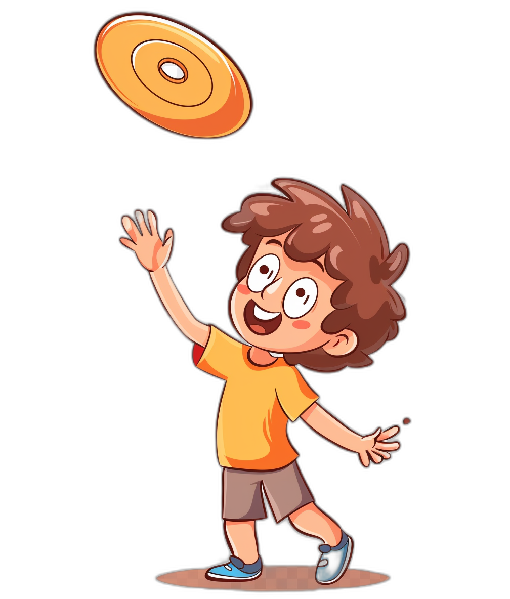 A cartoon boy playing frisbee, vector illustration style on black background