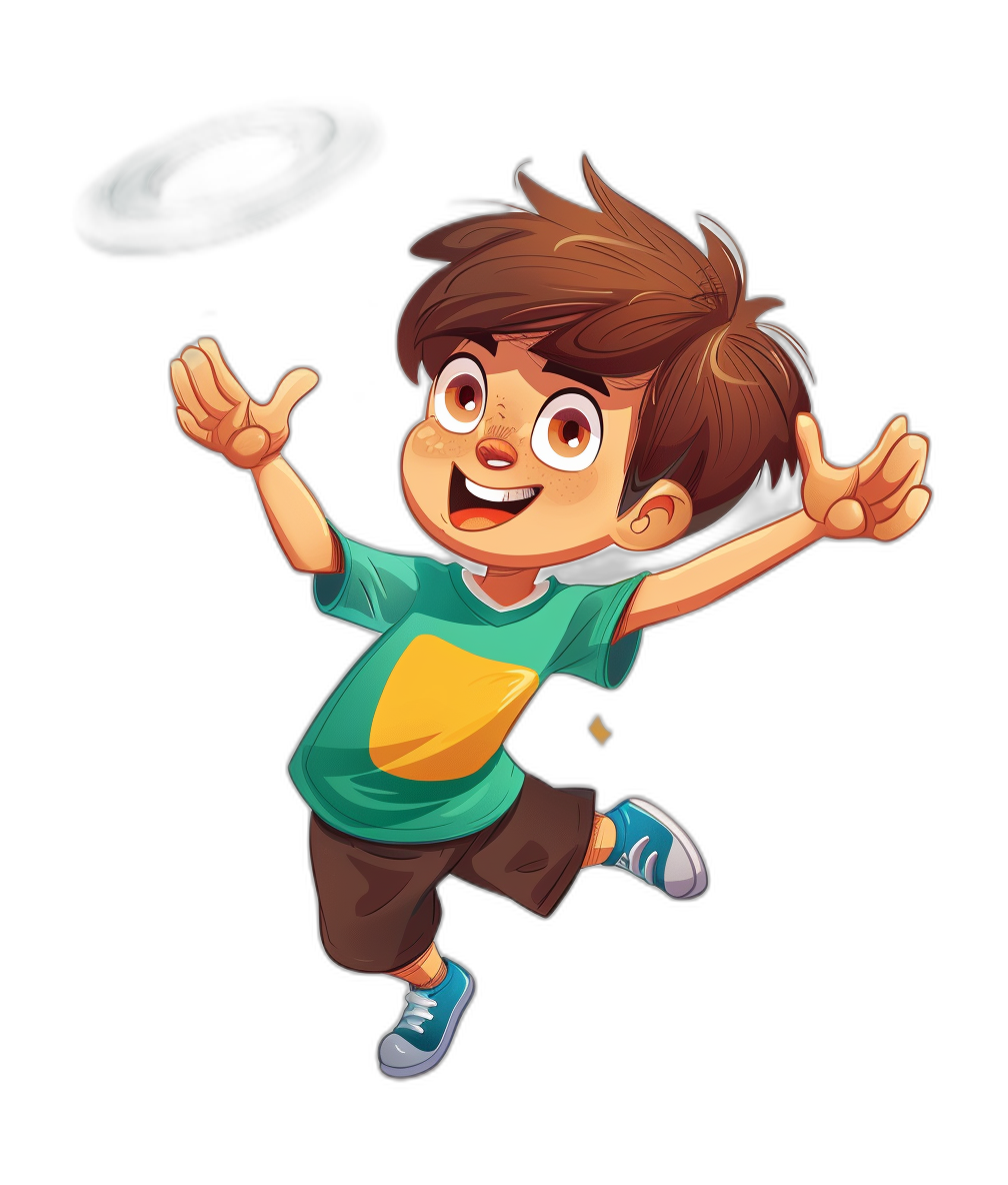 A cute cartoon boy is jumping up, wearing green short sleeves and brown shorts with black shoes on his feet. He has bright eyes and a happy expression. The background of the illustration includes circular lighting effects against a clean black background. The illustration is in the style of Pixar with high definition details.