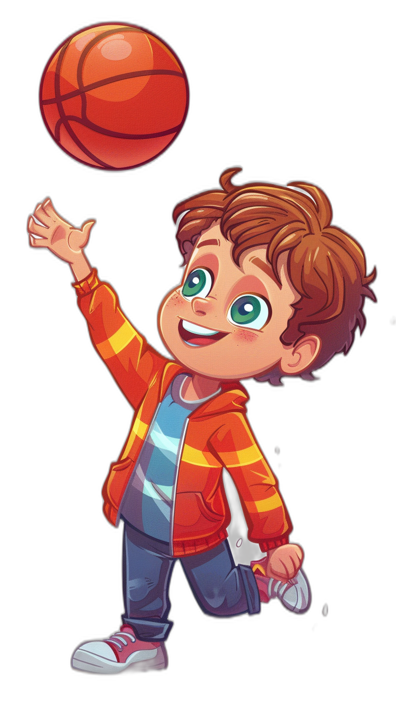 A cute cartoon boy with brown hair and green eyes is playing basketball, wearing an orange jacket over his blue shirt, dark gray jeans, and white sneakers on a black background. The illustration has a simple style with colorful drawings, bold colors, and soft gradients. It is a full body portrait in the flat illustration style of sticker art design. The image is high resolution and high definition.