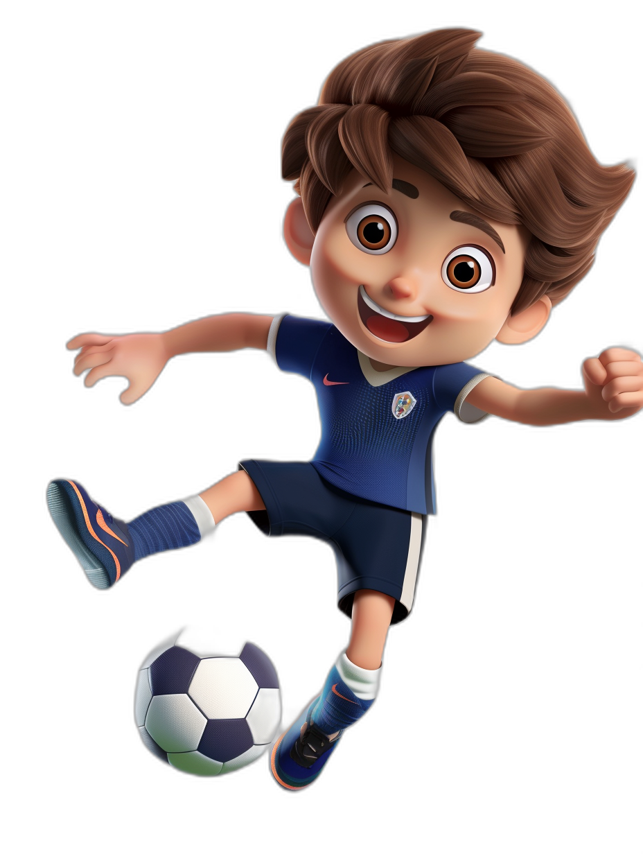 A young boy in a blue and dark blue football kit kicking the ball, in the style of Disney Pixar cartoon, black background, 3D animated character, cute face with big eyes and brown hair.