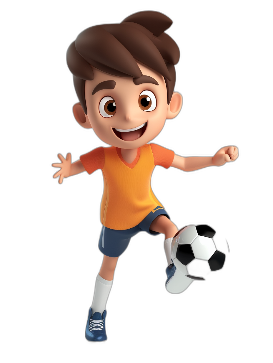 A cute boy is playing football, wearing an orange T-shirt and blue shorts with white shoes on his feet. He has brown hair, big eyes, and a smiling expression with a Pixar style cartoon character design on a black background in a full body shot with a cartoon rendering effect and in the style of Disney 3D animation.