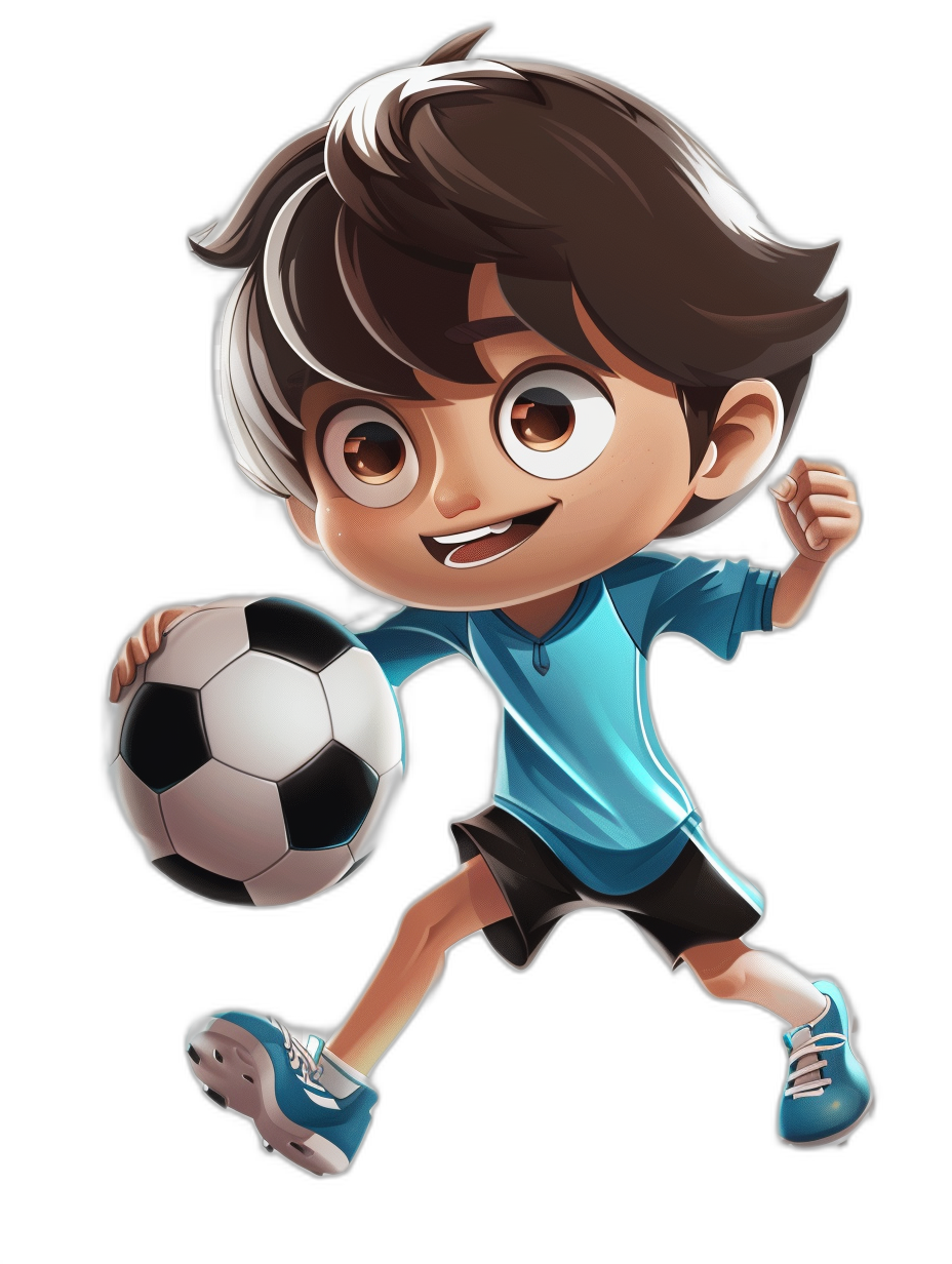 Create an illustration of the cartoon character Chibi boy in blue tshirt and black shorts playing soccer on his feet, with brown hair and big eyes, smiling brightly against a pure black background. He is holding onto a small white football while running, wearing lightblue shoes. The style should be cute and colorful.