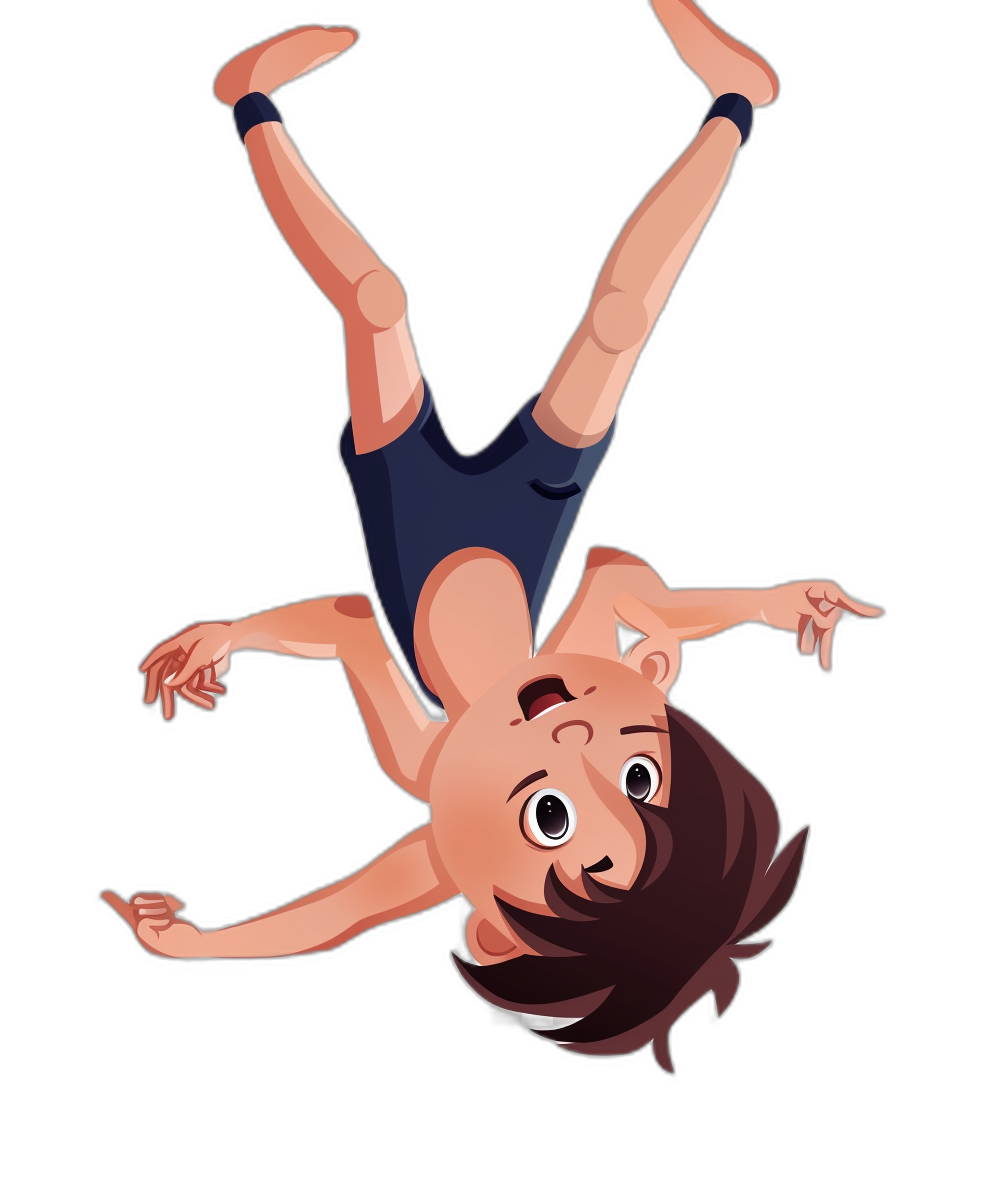 A cartoon character is upside down, doing handstand with legs together in the air. The boy has brown hair and blue shorts. Black background. Vector style. Isolated on black. Full body. No outline.