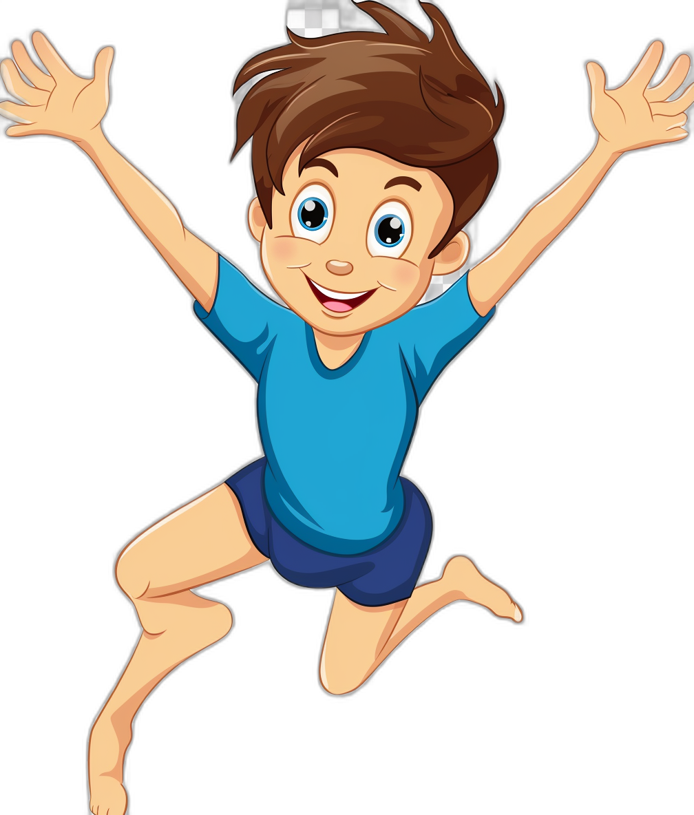 A cartoon of a happy boy in a blue t-shirt and shorts jumping, vector illustration with a black background in the style of unknown artist.