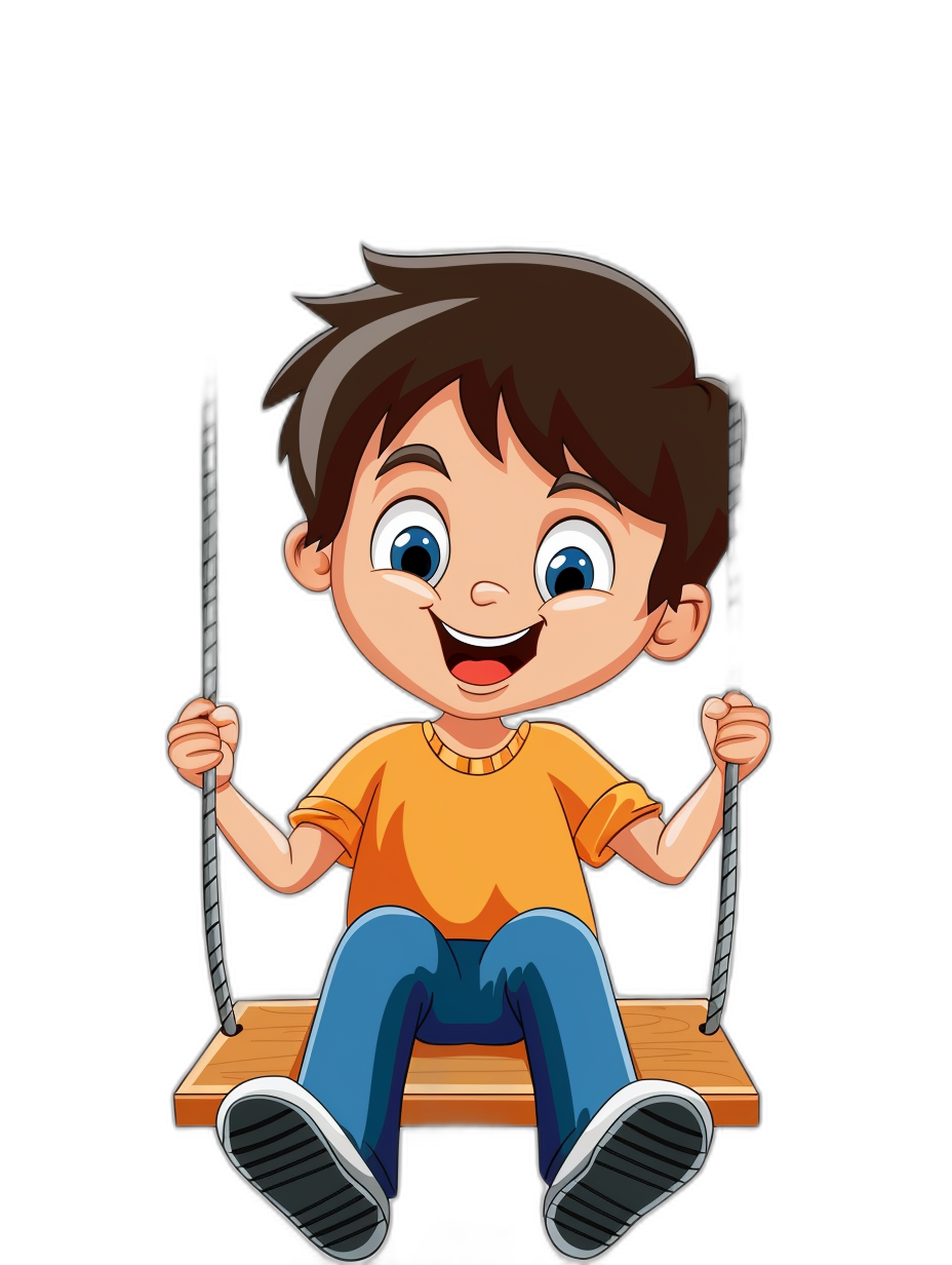 a cute happy cartoon boy sitting on the swing, vector illustration with black background, high resolution