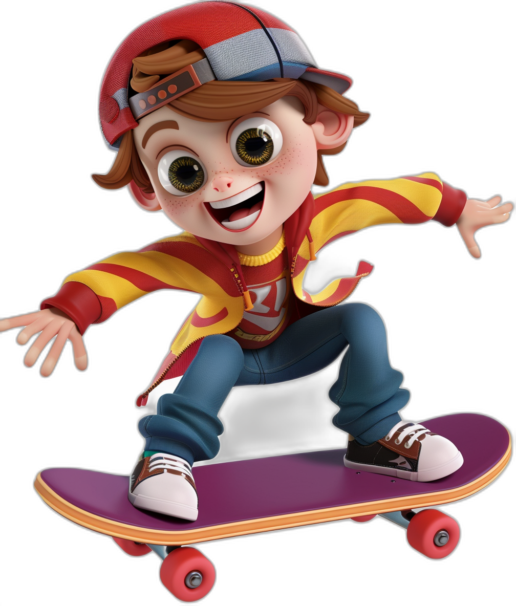 A boy with brown hair, wearing a red and yellow striped shirt, blue jeans, black shoes, white socks, and a baseball cap, with a smiling face, big eyes, and a happy expression riding on a purple skateboard in the style of Disney Pixar against a black background as a 3D cartoon game character model in 2d art with bright colors, high definition resolution, high details, as a full body shot in closeup with dynamic perspective and high saturation.