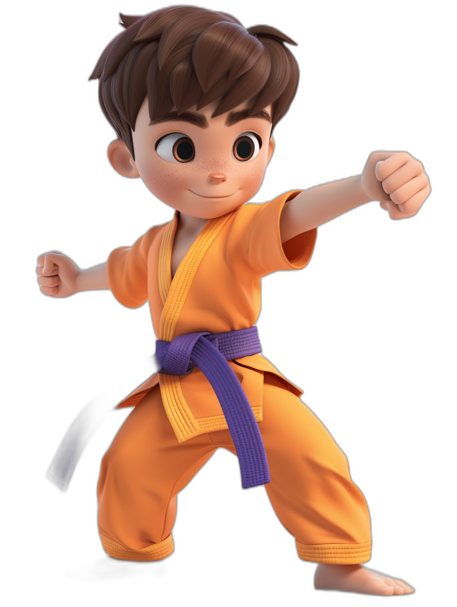 A young boy with brown hair in a karate outfit is doing martial arts moves. He has big eyes and is wearing an orange robe tied around his waist with a purple belt. The background of the scene should be black to highlight him. Rendered in the style of Pixar’s cartoon art, rendered on Cinema4D.