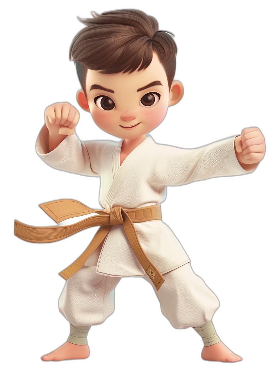 Cute boy with brown hair and eyes in a white karate outfit with a belt doing his first move in the style of Pixar’s character design.