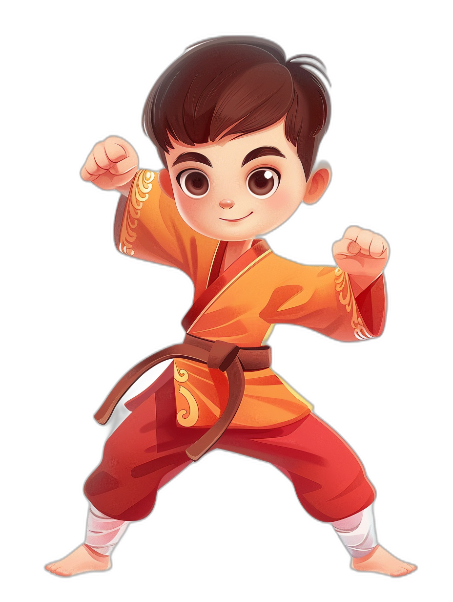 A cute Chinese boy doing martial arts, wearing red and orange with white shoes on his feet. He is standing in a fighting posture in the style of a cartoon with a black background. The little girl has big eyes and short hair. Her hands form the shape of characters. She wears an amber belt around her waist. It’s very detailed and high resolution.