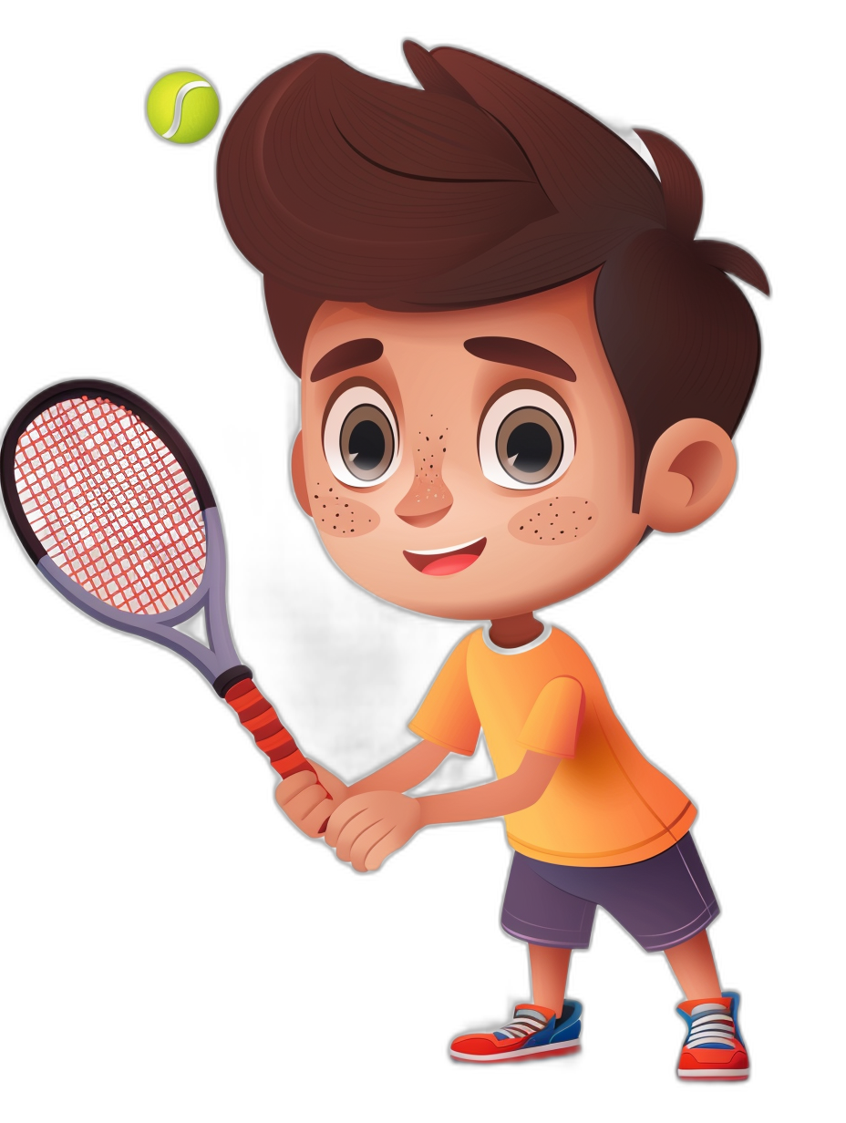 A cute little boy playing tennis in the style of a cartoon, with a character design and a black background, holding a racket and hitting a ball. Wearing a short-sleeved orange shirt, with dark brown hair, big eyes, and simple facial features, no outline around the head, simple , wearing sneakers on his feet, in a cartoon illustration style with bright colors, simple lines, high resolution, high details, best quality, and best lighting effects, in the style of Pixar.