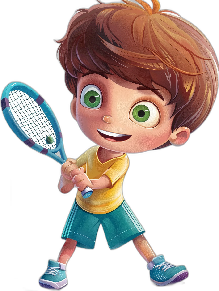 A cute little boy playing tennis, with a happy expression, green eyes, and brown hair. He is wearing a yellow t-shirt and blue shorts with white stripes on the side. He is holding an open tennis racket in one hand and hitting it with the other hand, in the style of a cartoon. The background is black with no shadows. The cute character design is high resolution, detailed, high quality, with high contrast, saturation, and clean colors, in the style of Disney Pixar.