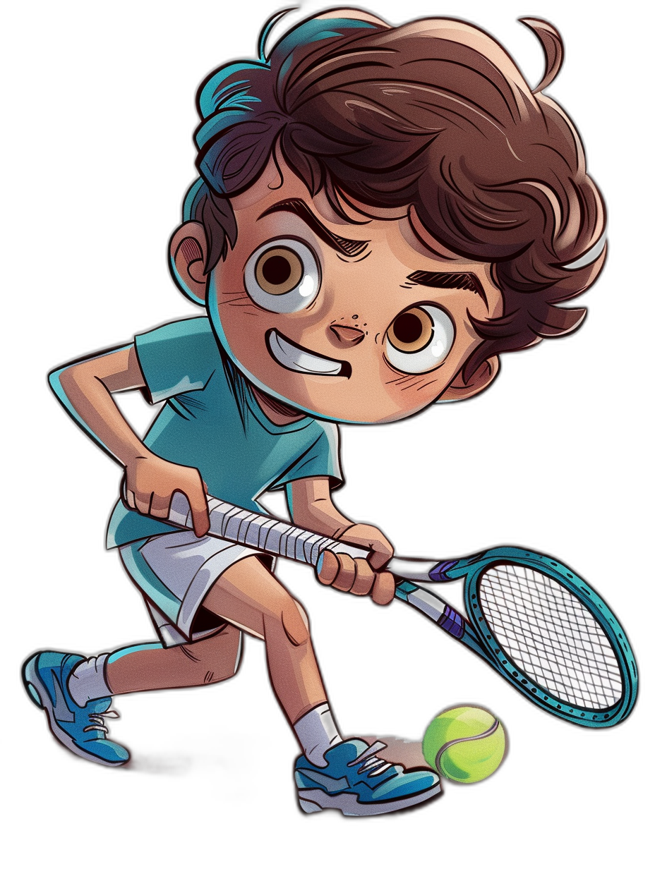 A cute boy playing tennis in a cartoon style with a black background, big eyes and a happy expression, wearing a blue shirt, white shorts and light purple shoes, holding a racket and hitting the ball hard. The scene is full of energy, bright colors, and exaggerated movements. He has dark brown hair and green eyebrows.