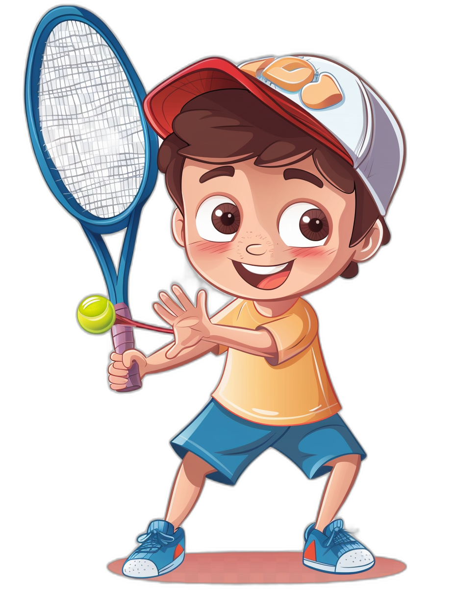 A cute happy boy playing tennis in the style of clip art style cartoon illustration on a black background.