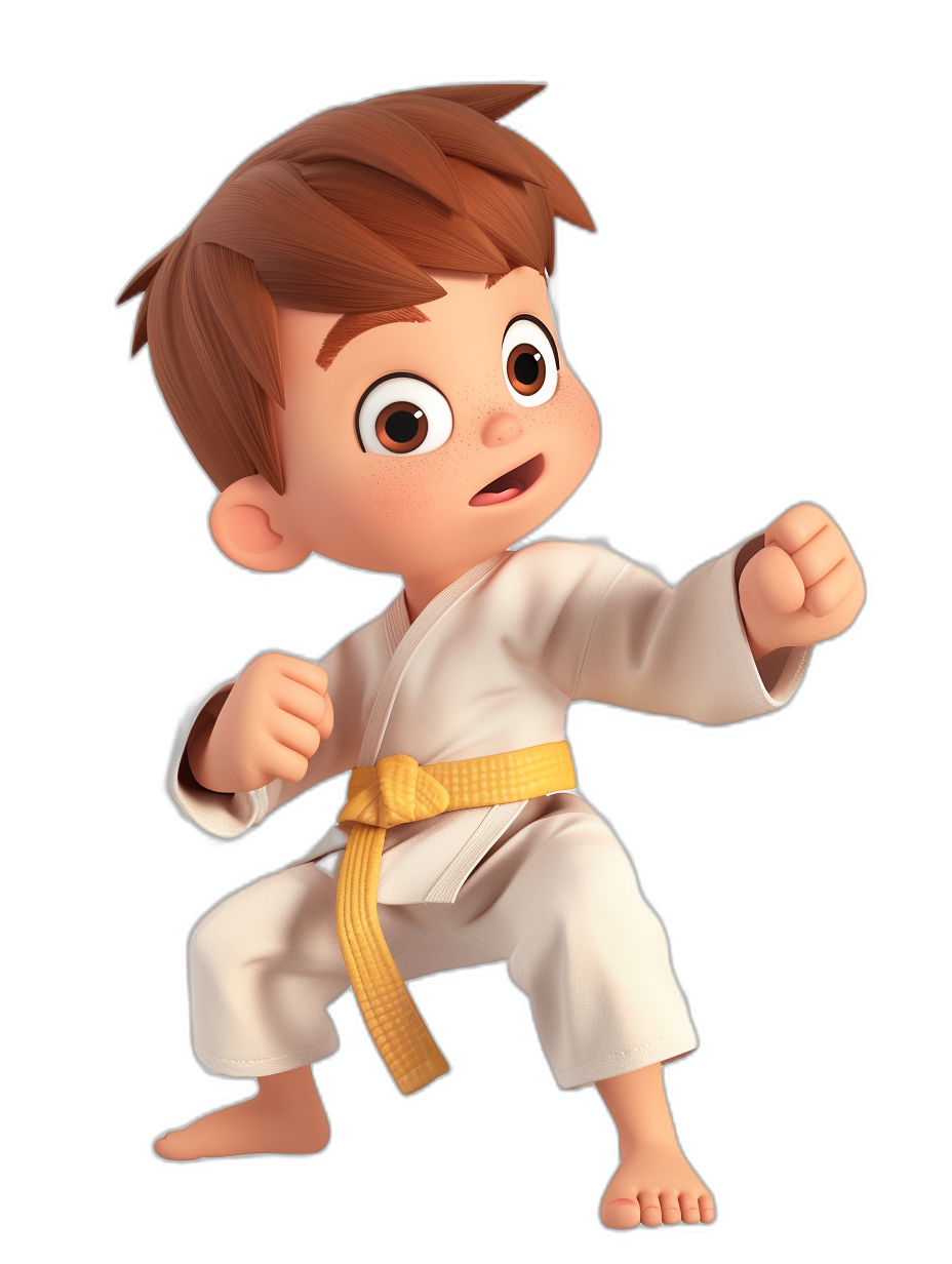 A little boy in a white karate outfit with a yellow belt, brown hair and big eyes doing a ready stance in the style of 3d pixar, cartoon character on a black background.