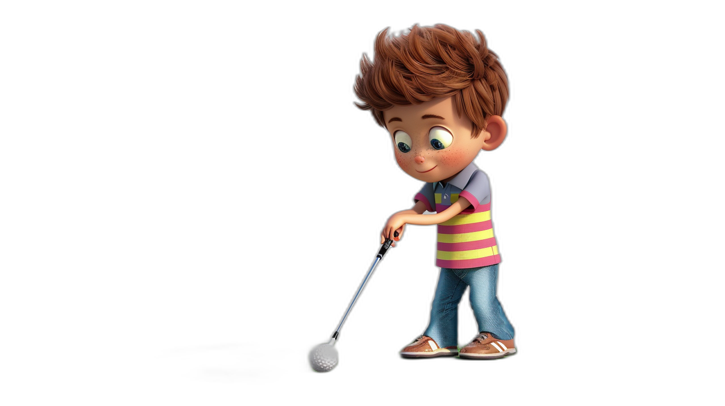 A cute little boy is playing golf in the style of Pixar. The cartoon character is a full body shot in a 3D render with a black background. The boy has a cute, funny haircut and  with high resolution, high quality, and high detail. The lighting is cinematic and hyper realistic.