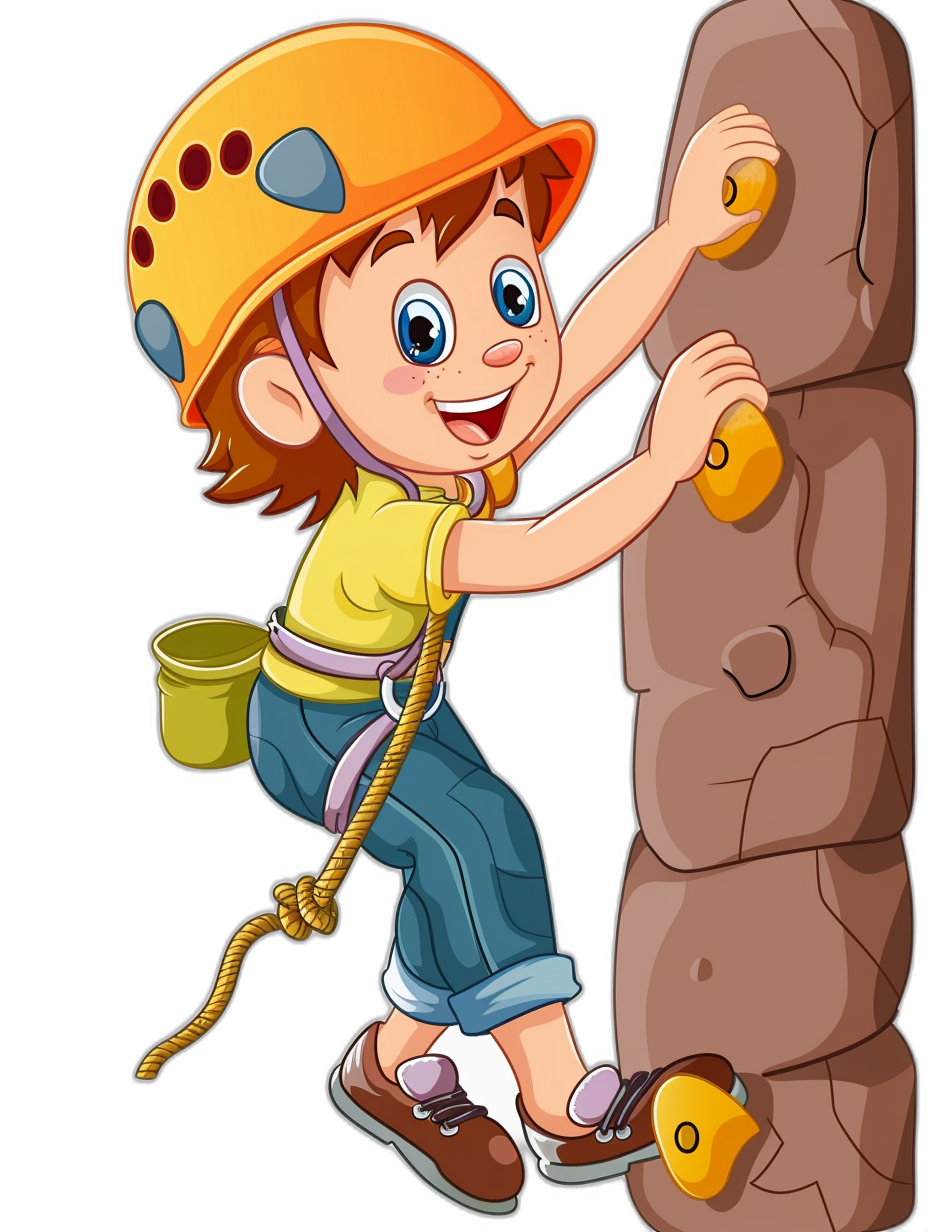 cartoon child climbing rock wall, vector illustration for kids book with black background, wearing helmet and rope, happy face expression, dressed in yellow shirt blue pants brown shoes white socks