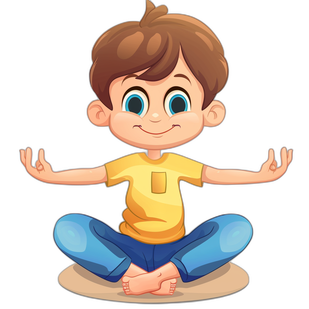 A cute cartoon boy doing yoga, vector illustration with flat design style on a black background. The little man has brown hair and is wearing blue pants and a yellow t-shirt. He sits cross-legged in the lotus position with his hands spread out to his sides, smiling at us with big eyes in the style of flat design.