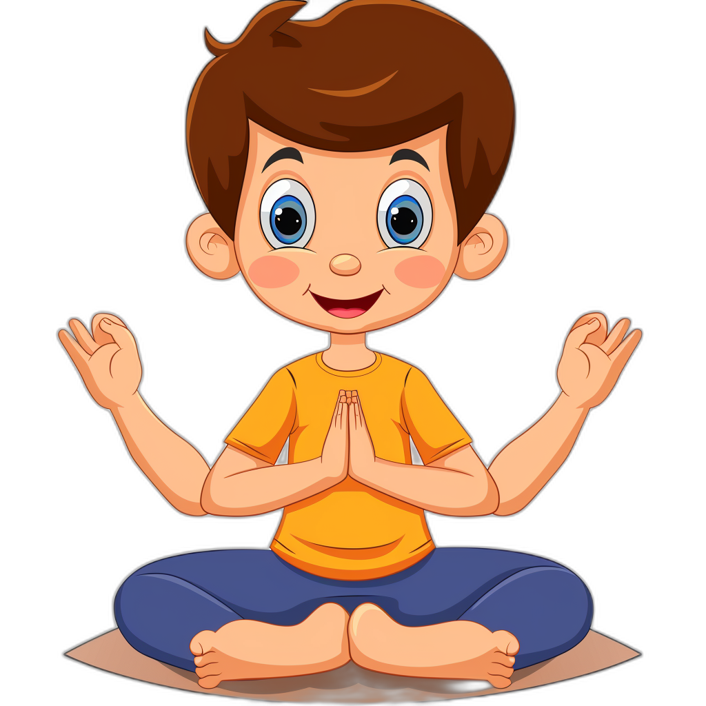 A cute cartoon boy doing yoga, vector illustration with a black background. The little man is sitting on the floor in the lotus position and holding his hands together like praying. He has blue eyes and brown hair. His t-shirt color should be yellow or orange. It’s suitable for print on demand products such as stickers, shirts, mugs, etc., with white space around him. Vector Illustration, in the style of a Detailed Cartoon.