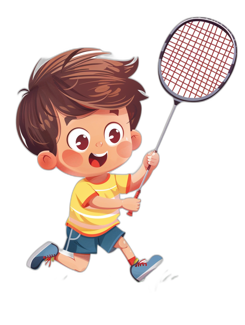 Cute little boy playing badminton in the style of a cartoon, with simple lines and bright colors against a black background, in a high resolution, professional illustration.