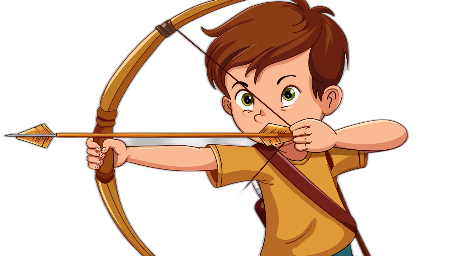 cartoon style archer boy, brown hair and green eyes shooting with bow isolated on black background