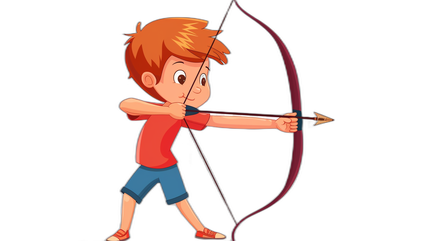 Cute cartoon boy shooting a bow and arrow in a vector illustration. The illustration has a simple flat style on a black background. The boy has red hair and blue shorts with bright colors. The focus is on the character’s face and archery action pose. The posture shows an archery stance. It is a concept art for an archery game with an illustration style resembling a children’s book. The design has minimal details while keeping a high resolution.