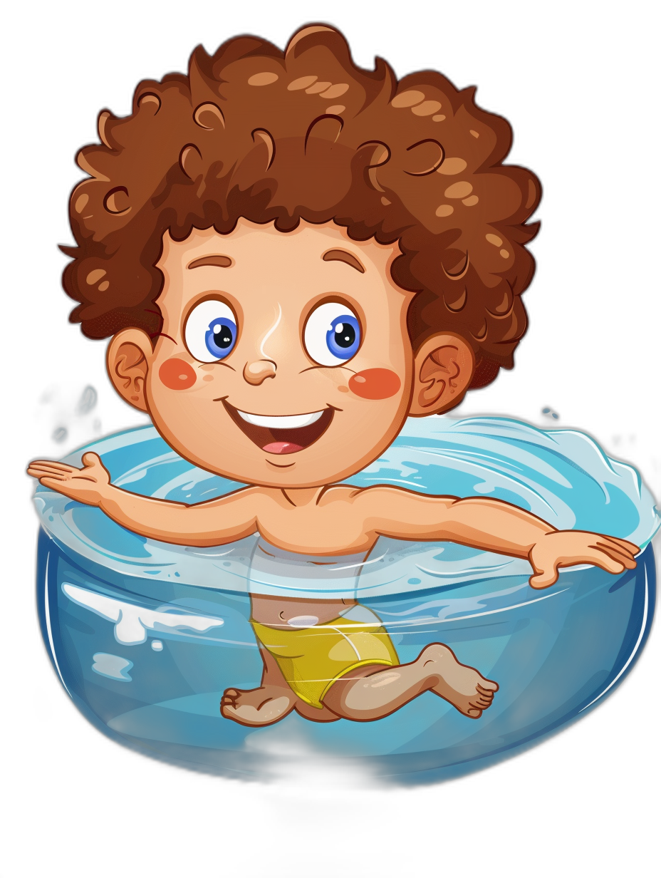 A cute baby boy with brown curly hair and blue eyes, smiling in swimming trunks floating inside of an inflatable pool on a black background in the style of cartoon.