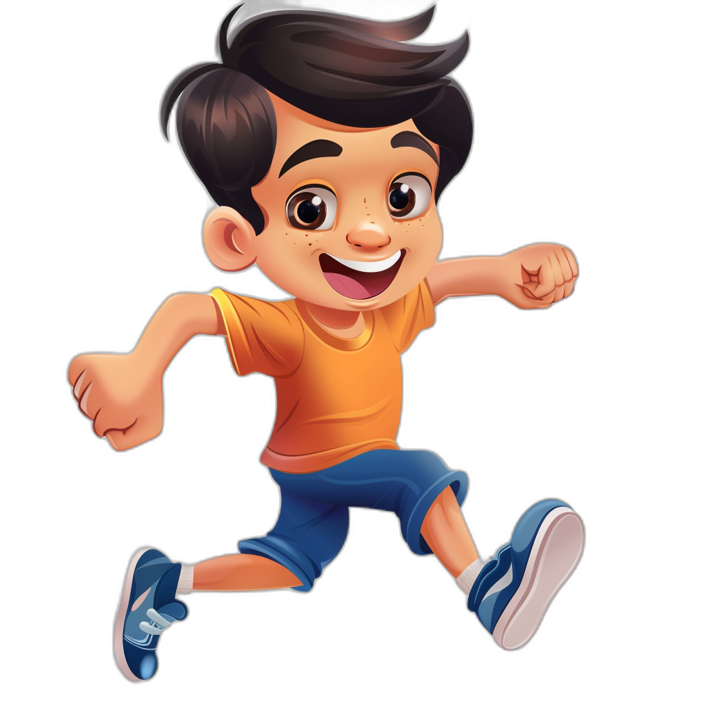 illustration of a cute boy running with a smiling face in the style of a casual game character on a black background in the style of Pixar studio.