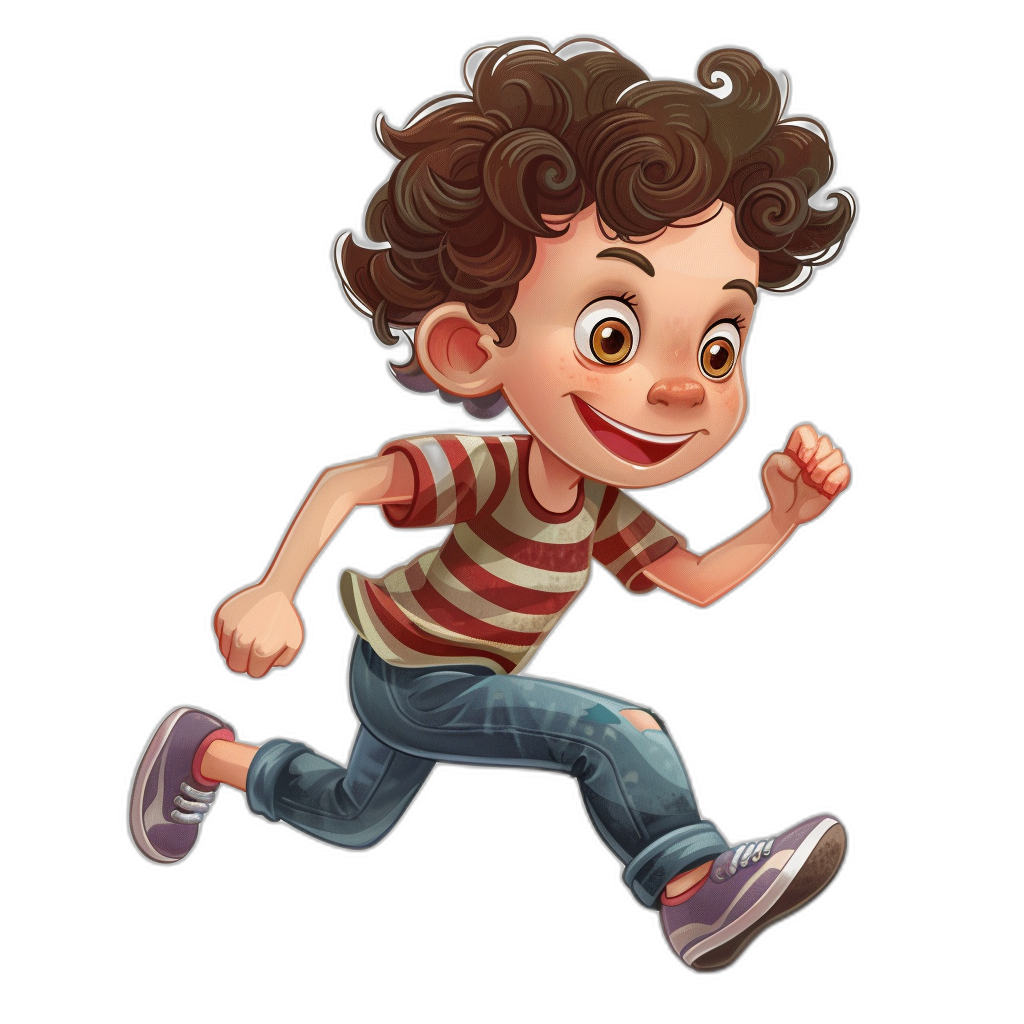 A cute cartoon character of an American boy with curly hair, wearing jeans and a striped t-shirt running fast on a black background. He has brown eyes and is smiling. The illustration style should be colorful, detailed, and playful, suitable for children’s book illustrations in the style of a playful children’s book artist.