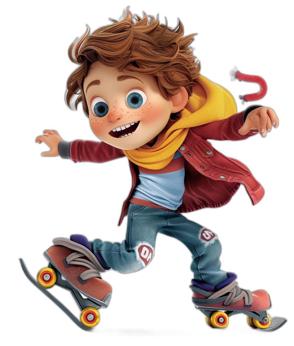 A young boy with brown hair and blue eyes, on roller skates, with a happy expression, in the style of a Pixar character, full body, on a black background, high resolution