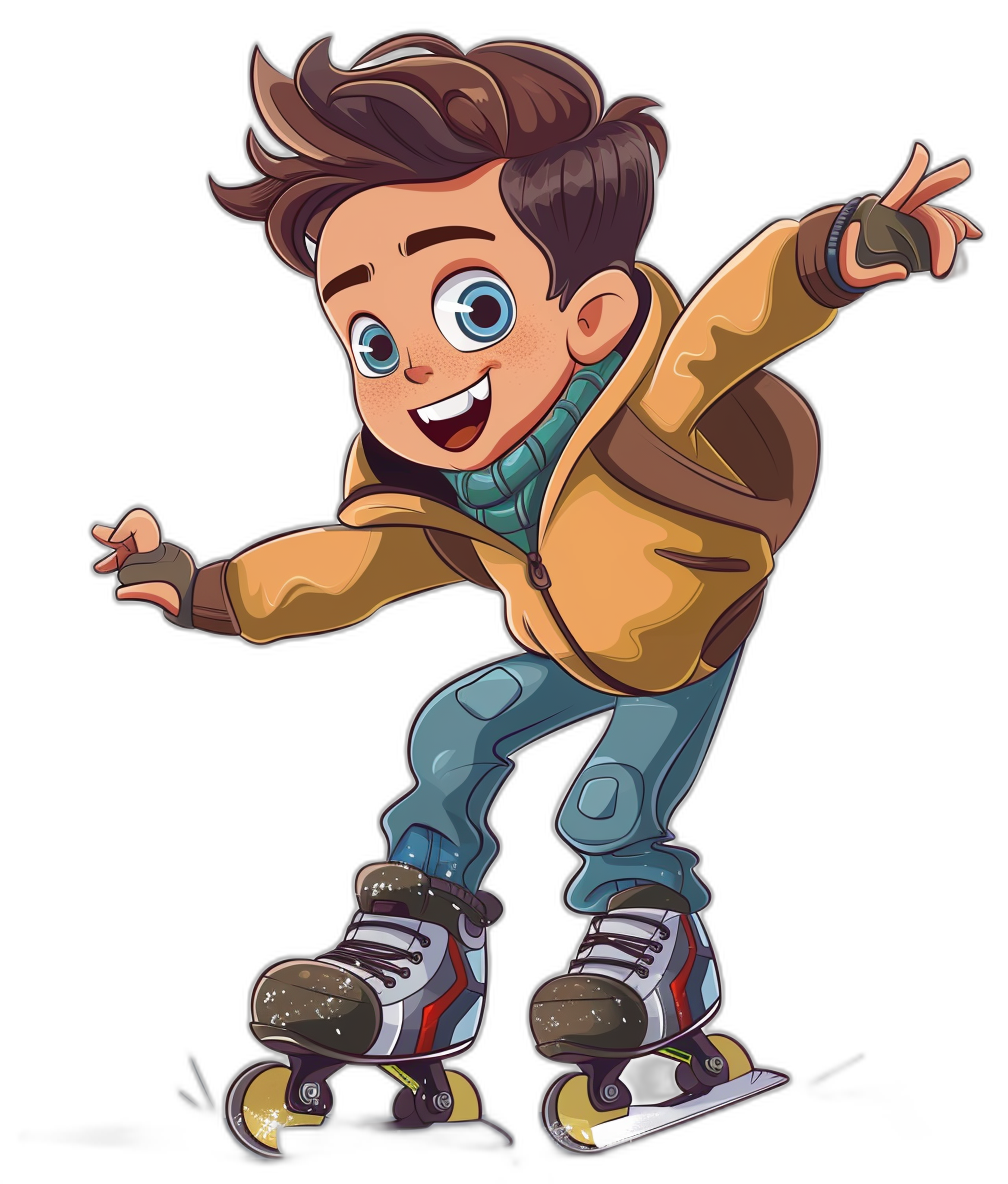 A cartoon boy is roller skating in a full body shot against a black background in the style of a flat illustration. He has a happy expression with big eyes and a small mouth. The boy is wearing a brown jacket and blue jeans on his feet shaped like skates. He has medium length hair and the illustration is drawn with high detail.