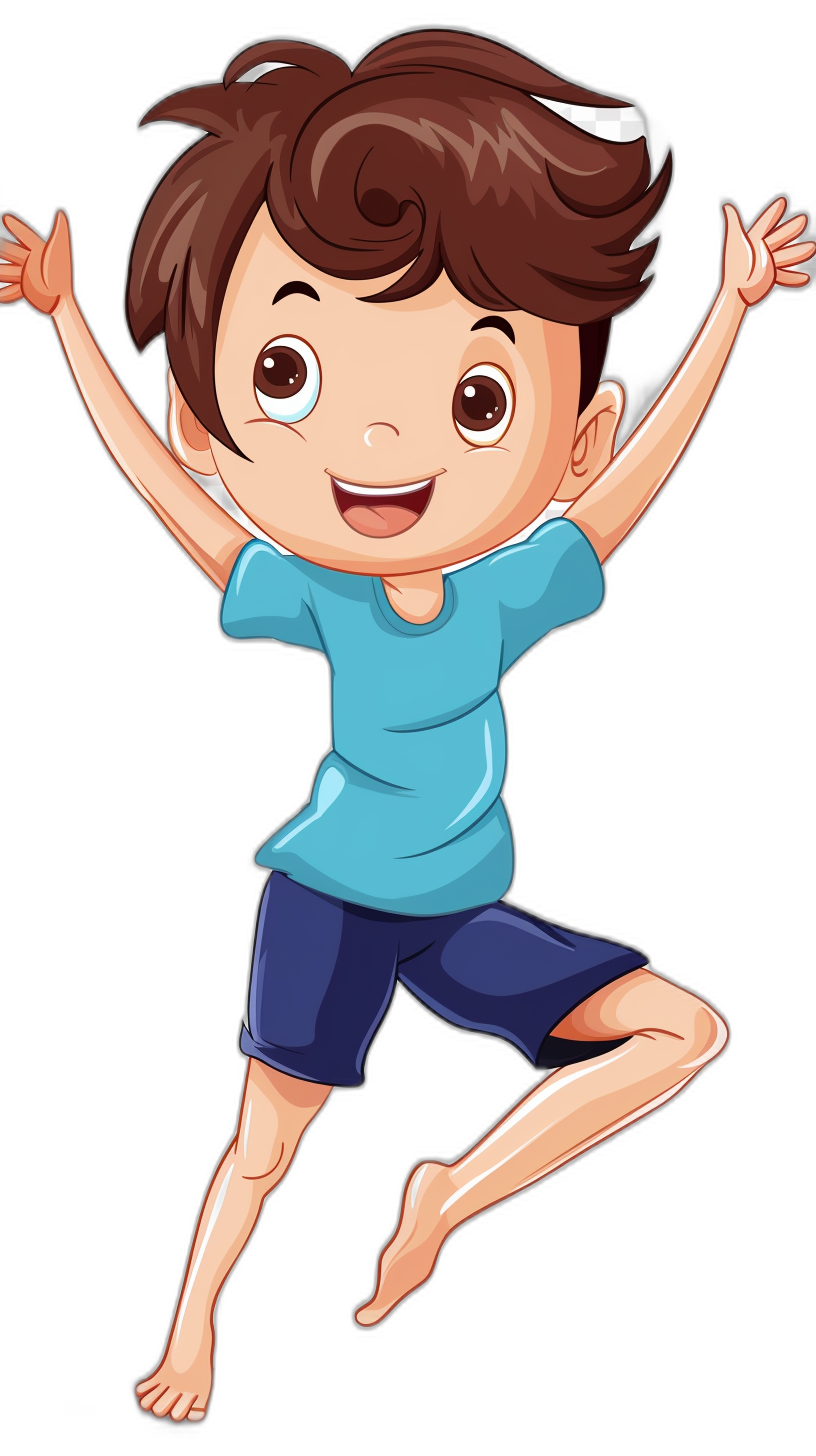 cartoon style, brown hair boy with blue t shirt and dark shorts doing high jump in black background, happy face expression