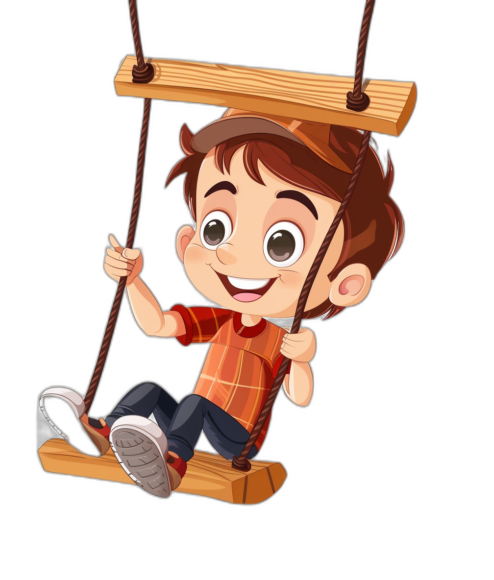 A cartoon boy swinging on the swing with a happy expression against a simple black background in the vector illustration style. The illustration depicts cute and colorful animated characters. He is wearing casual  with brown hair and big eyes. The wooden board under his heels has long ropes hanging down from it. High resolution image with a black background and high quality.