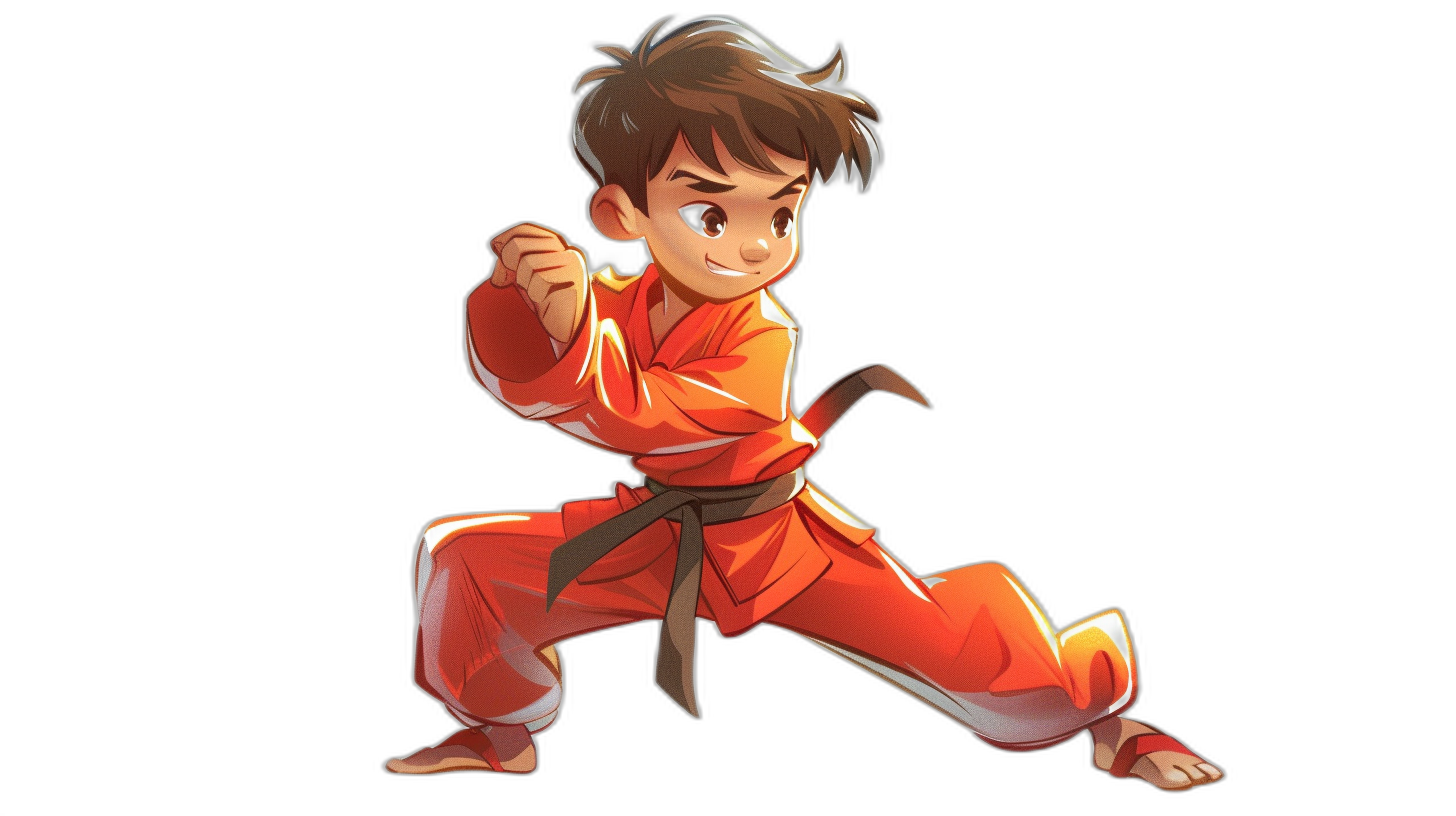 cartoon style, full body of an Asian boy in a red karate outfit with dark brown hair and eyes doing a kick pose on a black background, digital art in the style of Disney Pixar studio, cute character design, character concept for a mobile game