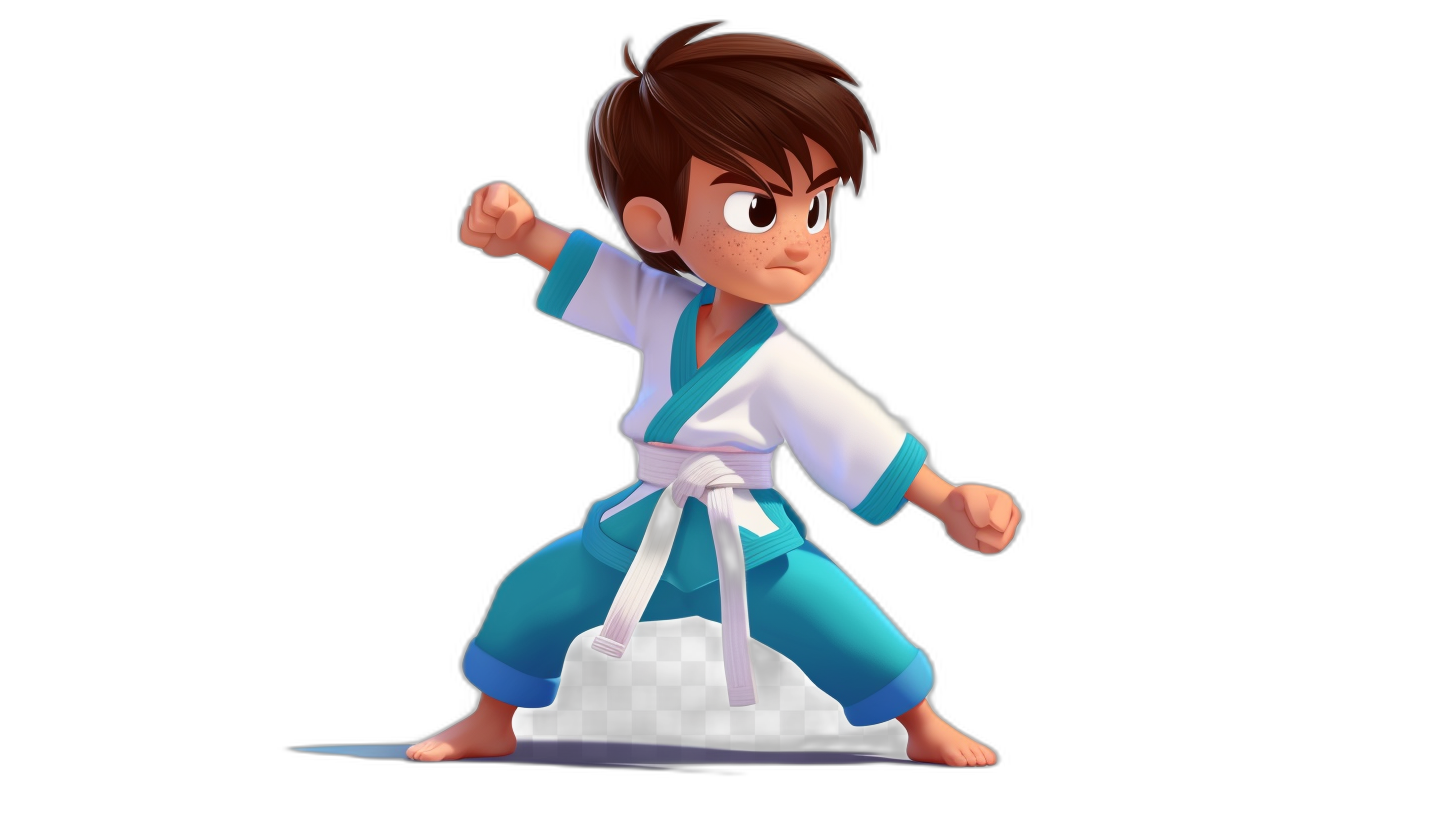 A young boy with brown hair in a blue and white karate outfit, doing a kung fu pose in the style of a 3d cartoon character design sheet on a black background.