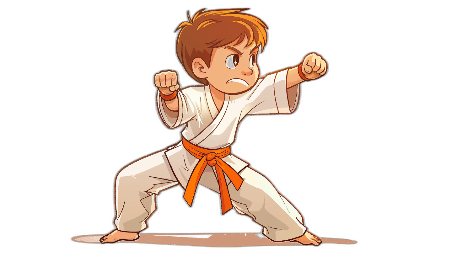 A young boy in a karate outfit striking a pose in a vector illustration cartoon style with a black background. The character is wearing white martial arts pants and an orange belt around his waist. He has short brown hair and blue eyes, looking focused as he stands ready to fight with one hand raised high for attack. His expression conveys determination and focus on the ground. This design could be used on t-shirts or tattoos in the style of a vector illustration.