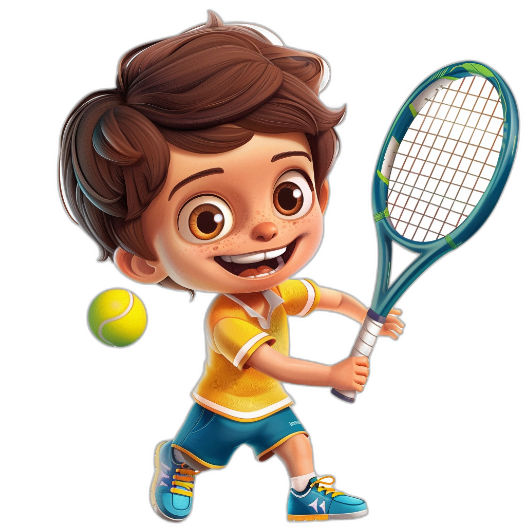 A cute boy playing tennis, holding the racket in his hand and hitting the ball with it. He has brown hair, big eyes, and a bright smile on his face, wearing blue shorts and a yellow t-shirt. The background is black, in the style of a 2D cartoon. Cartoon illustration with bright colors and lively movements. High resolution. In the style of Pixar, in the style of Disney, 3D rendering, cartoon character design.