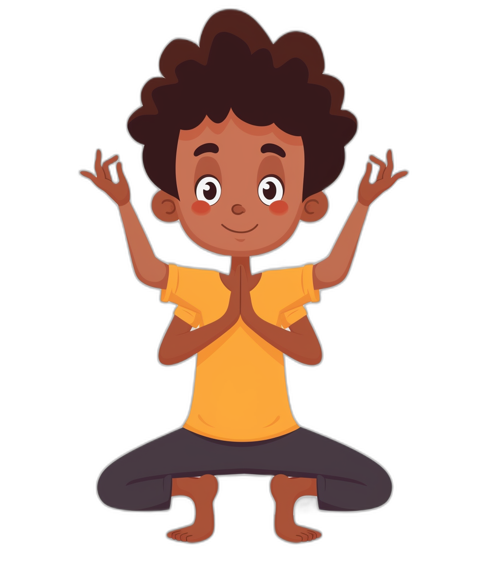 African American boy doing yoga, vector illustration for a kids book on a black background, with a simple and minimalistic style using flat design. The character is in the lotus position with his hands forming a mudra pose with his fingers spread out like in prayer. He has curly hair and wears short pants and a yellow t-shirt. His eyes have different colors – either dark brown or blue. Isolated on a white pastel background, in the style of a pastel illustration.