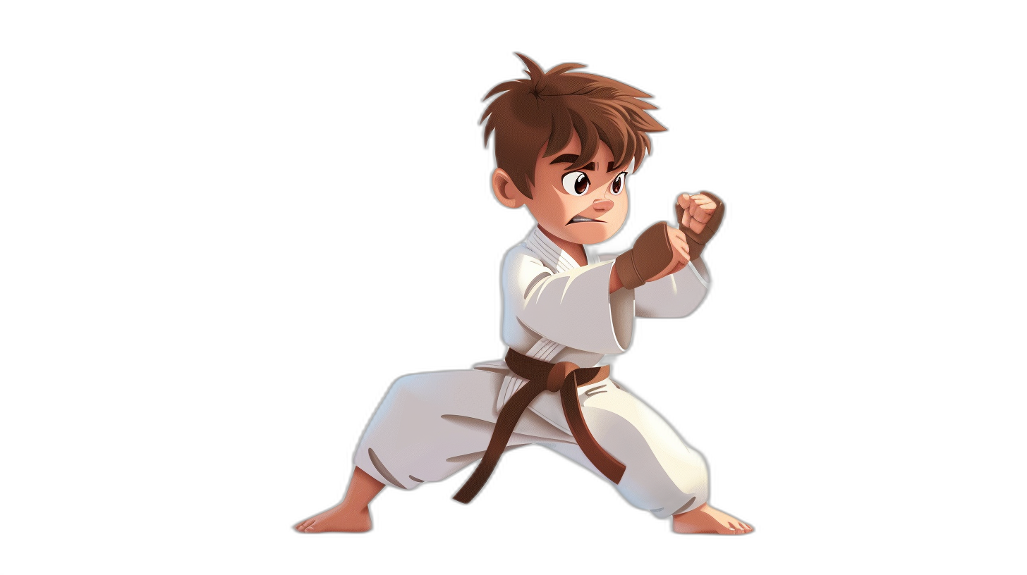 A little boy in a white karate outfit with a brown belt is doing a kick stance. He has short hair and is looking to the side at something or someone off camera. The background is black. The character design is in the style of Pixar. The man’s face shows determination as he puts his strength into each move. His attire reflects an air of simplicity yet elegance. This illustration captures not just physical skill but also emotional depth through facial expressions.