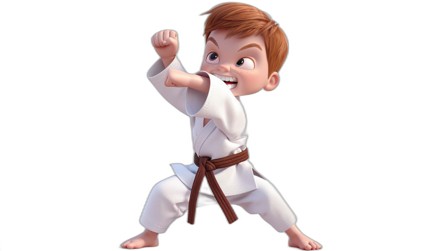 A cute little boy in a white karate outfit with a brown belt, doing a side kick pose in the style of Disney Pixar. The character design sheet has a black background with detailed facial features and hair. It is a full body shot of the boy in white  and pants. The image has high quality, high detail, high definition, and high sharpness with high contrast and high color saturation. There is no text or letters on the picture, which has the style of Pixar animation and illustration. It is a fullbody portrait at a 45 degree angle rendered in 3D.